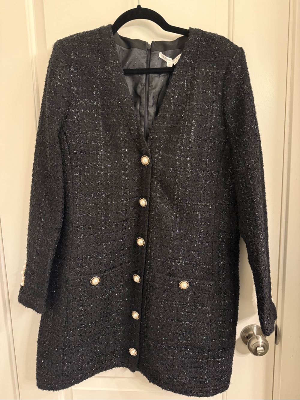 Veronica Beard Black Tweed Long Jacket Dress with Pearl Buttons